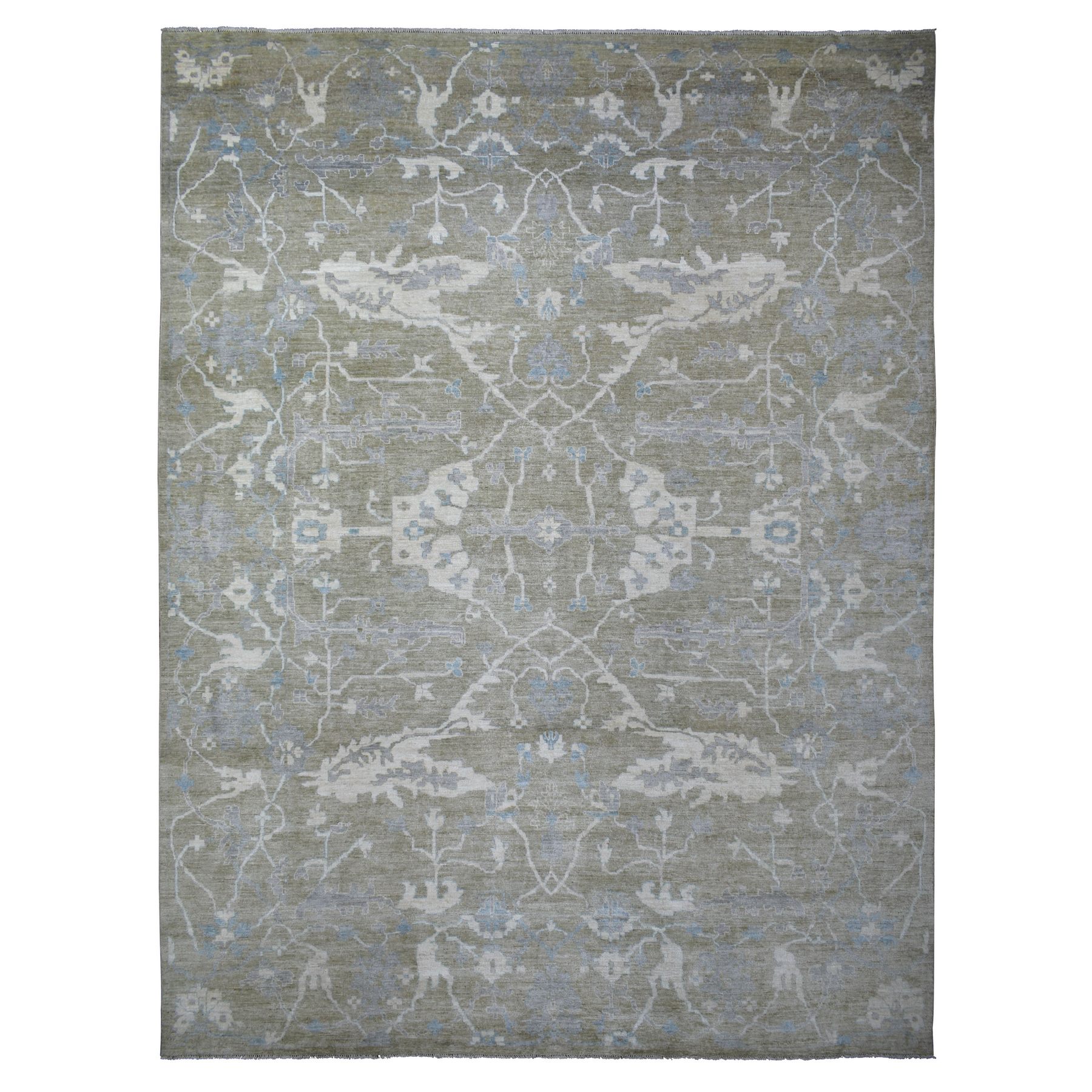 12'1"x15'5" Sage Green, Afghan Angora Oushak with Motifs Soft Wool, Natural Dyes Hand Knotted, Oversized Oriental Rug 